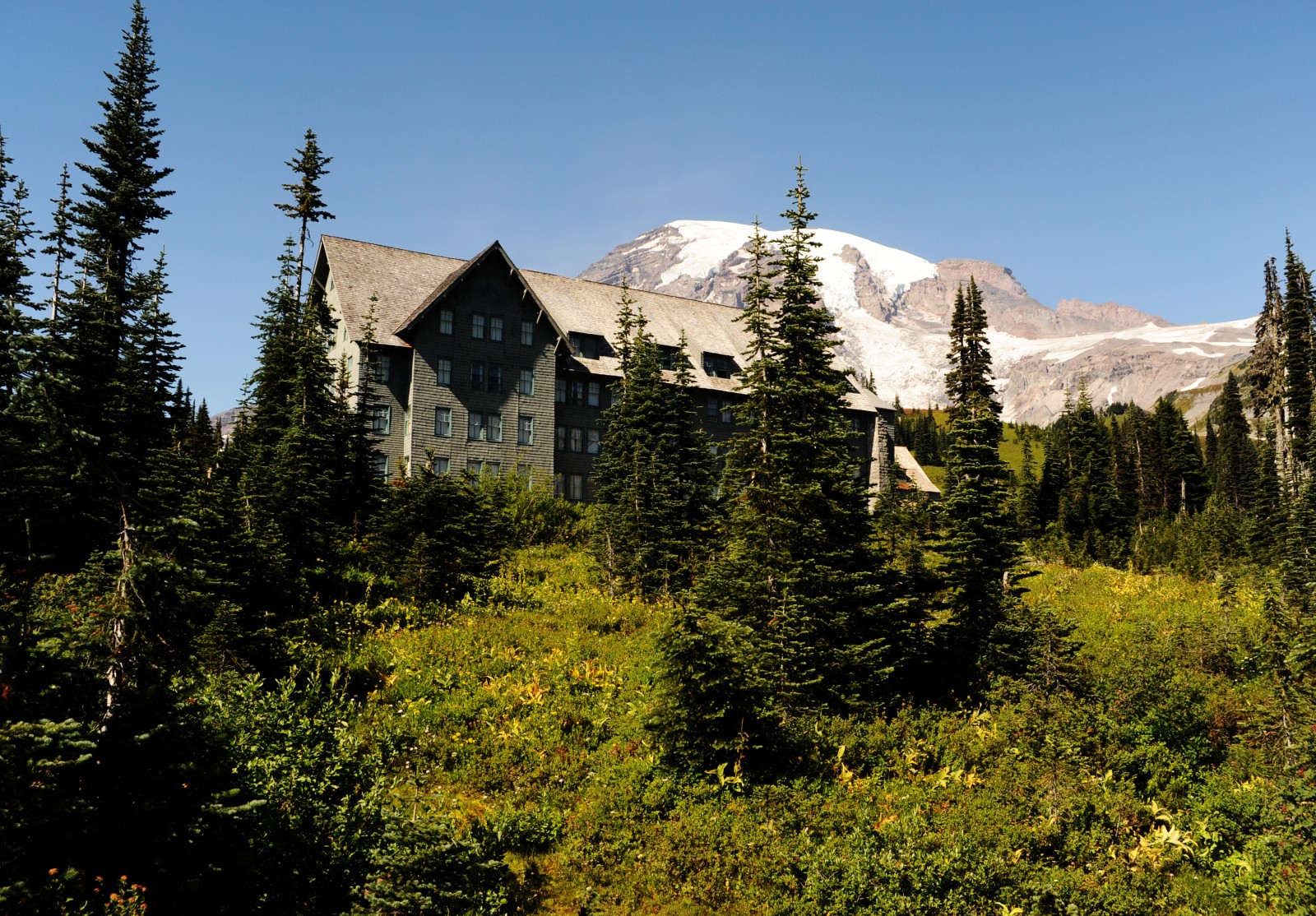 The Paradise Inn nestled below the top of Mt. Rainier DD1
