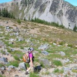 Karen Sykes hiking in high basin below Mount Fremont