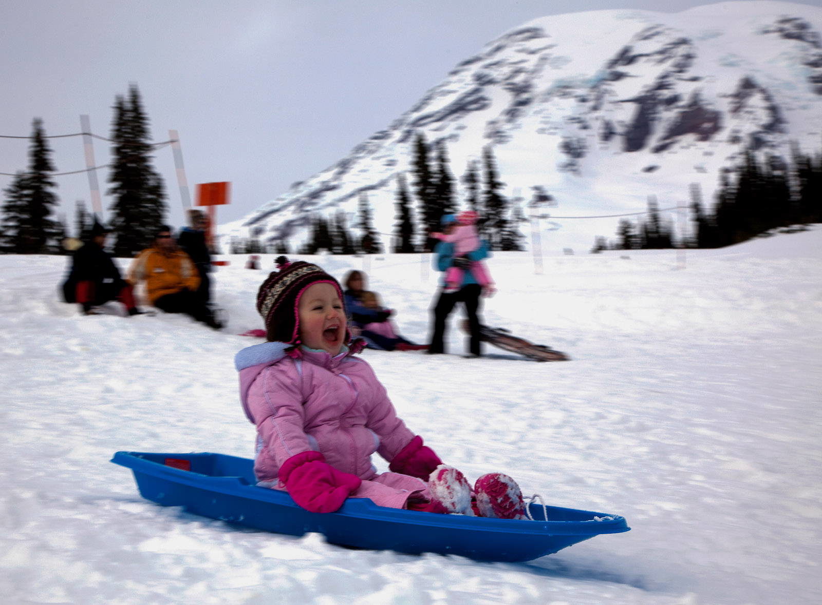 A girl sledding at Paradise Snowplay at Mount Rainier