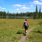 A hiker approaching Mystic Lake