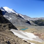 Awesome view of Rainier Summerland the Sarvent Glacier and glacier fed tarns from Fryingpan Gap