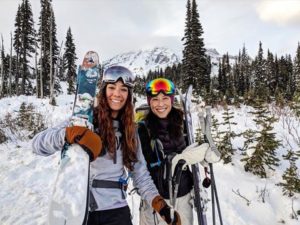 Two women Backcountry Skiing at Mount Rainier
